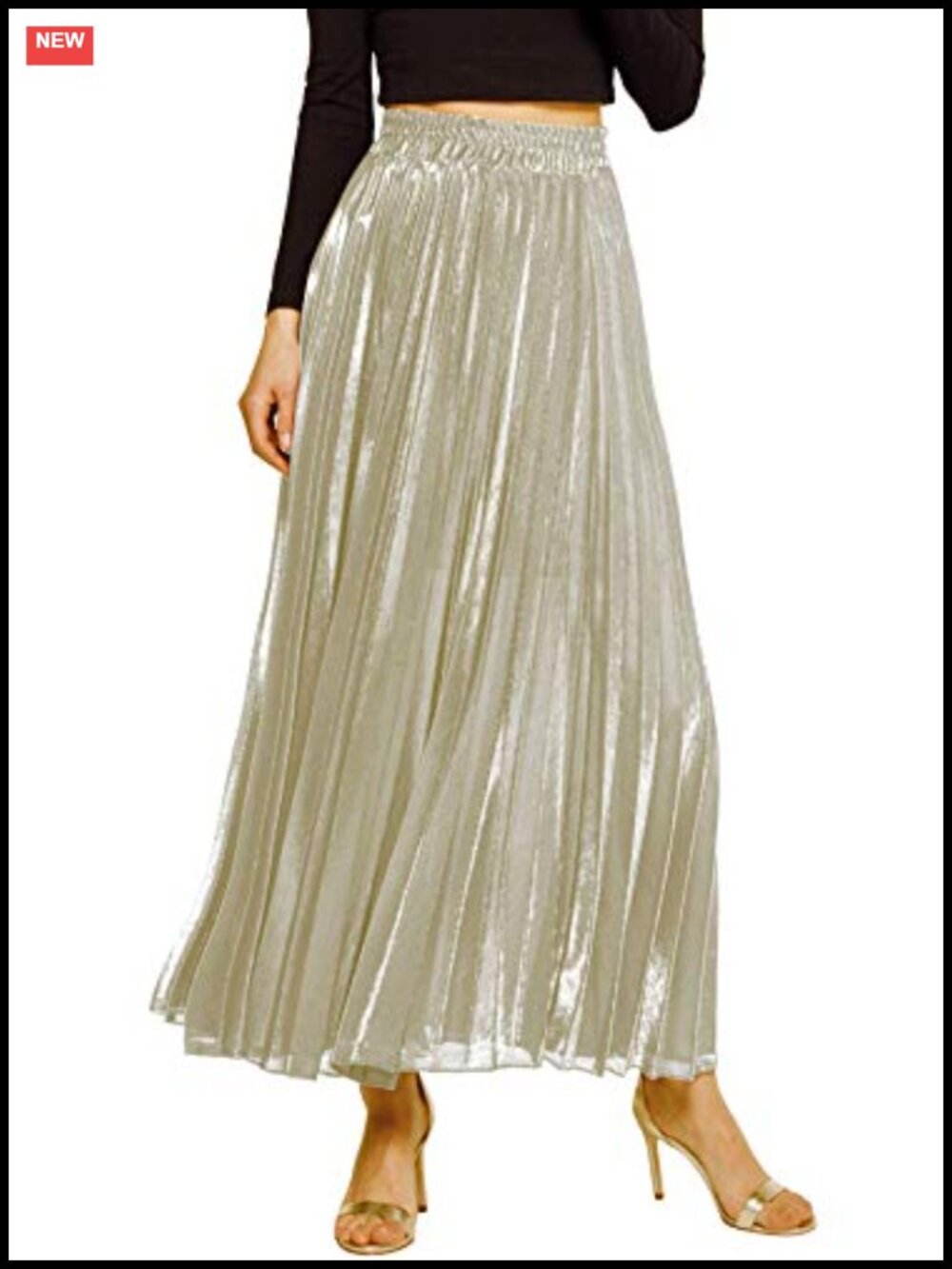 Metallic Shiny Shimmer Accordion Pleated Long Maxi Skirt